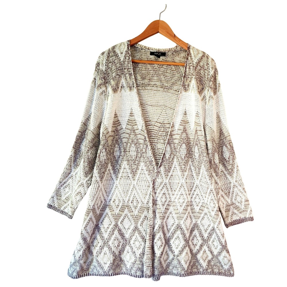 Ivory Geo Knit Granny Cardigan Sweater 1X Open Front Casual Western Cozy Layer